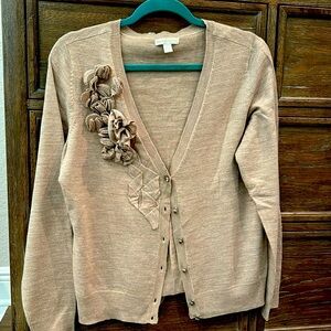 New York and Company tan cardigan with flower detail
